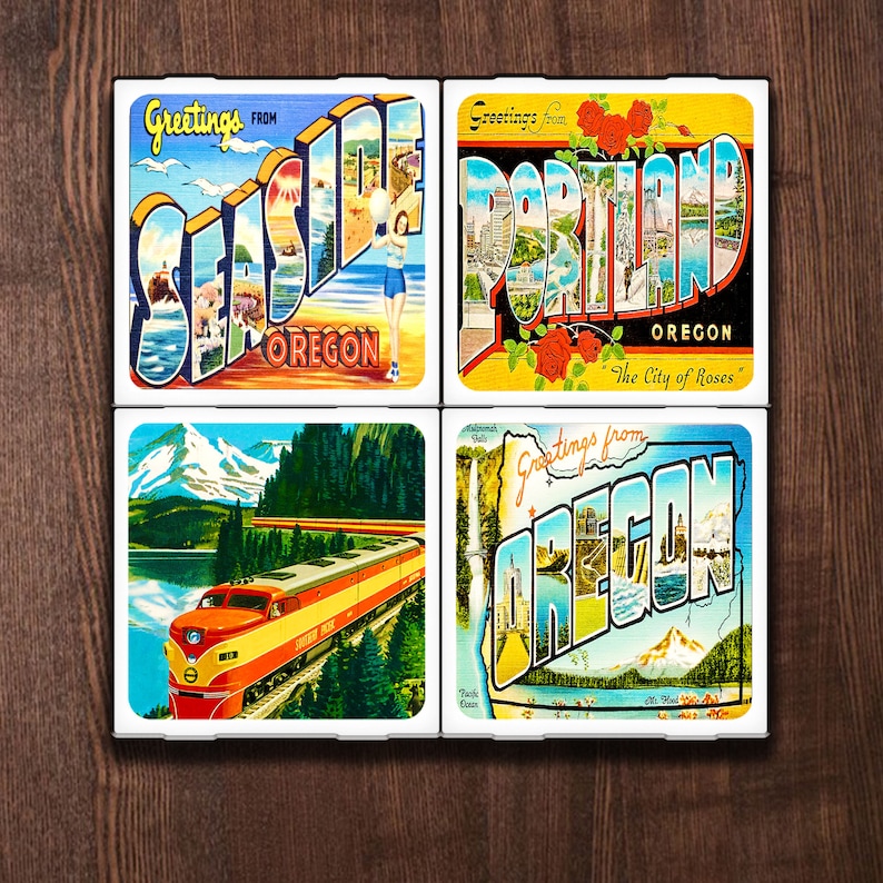 Vintage Oregon Postcards Set of Four Ceramic Coasters image 1