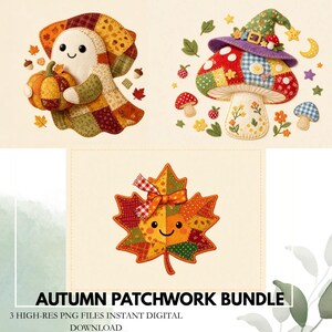 Puede incluir: Una colección digital que presenta tres ilustraciones estilo patchwork: un fantasma sosteniendo una calabaza, un hongo con un sombrero de bruja morado y una hoja de arce con un lazo. Cada diseño incorpora telas en tonos otoñales con detalles de costura visibles.