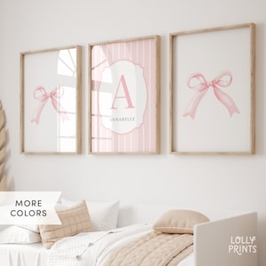 Personalized Pink Bow Wall Art, Girl Room Decor, Nursery Bow Prints, Custom Name Coquette Wall Art Set of 3 Prints, Baby Name Sign