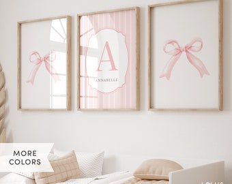 Personalized Pink Bow Wall Art, Girl Room Decor, Nursery Bow Prints, Custom Name Coquette Wall Art Set of 3 Prints, Baby Name Sign