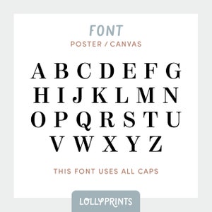 Może przedstawiać: Czarno-biały plakat z czcionką alfabetu z tekstem "FONT POSTER/CANVAS" i "THIS FONT USES ALL CAPS" oraz logo "LOLLYPRINTS".