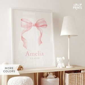 Coquette Pink Bow Wall Decor Personalized Name Print, Custom Kids Bow Nursery Wall Art, Ribbon Girl Room Decor, Baby Name Gift