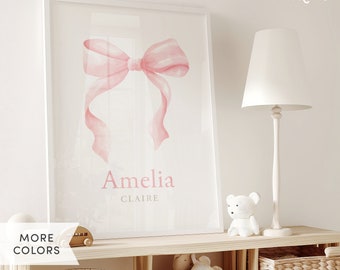 Coquette Pink Bow Wall Decor Personalized Name Print, Custom Kids Bow Nursery Wall Art, Ribbon Girl Room Decor, Baby Name Gift