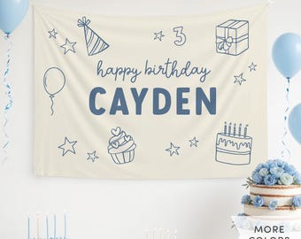 Custom Name Happy Birthday Banner, Personalized Kids Birthday Banner, Reusable Cloth Banner Birthday Backdrop Party Decor