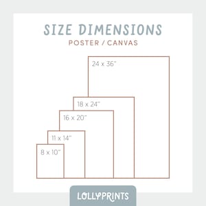 Może przedstawiać: Diagram przedstawiający r&oacute;żne rozmiary plakat&oacute;w i pł&oacute;cien dostępnych do kupienia. Rozmiary są podane w calach: 8 x 10, 11 x 14, 16 x 20, 18 x 24 i 24 x 36. Tekst "LOLLYPRINTS" znajduje się na dole diagramu.