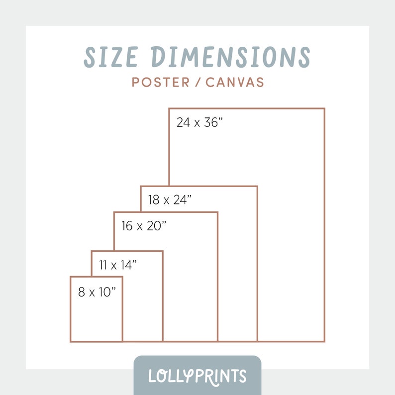 Może przedstawiać: Diagram przedstawiający r&oacute;żne rozmiary plakat&oacute;w i pł&oacute;cien dostępnych do kupienia. Rozmiary są podane w calach: 8 x 10, 11 x 14, 16 x 20, 18 x 24 i 24 x 36. Tekst "LOLLYPRINTS" znajduje się na dole diagramu.