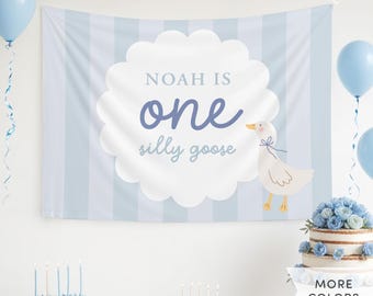 One Silly Goose Personalized Happy Birthday Banner, Custom 1st Birthday Fabric Banner, Baby First Birthday Backdrop Tapestry