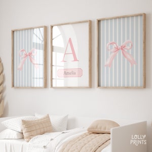 Custom Initial Name Pink Bow Coquette Room Decor Poster Set of 3, Personalized Coquette Aesthetic Wall Art, Girl Room Monogram Prints