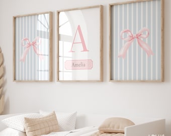 Custom Initial Name Pink Bow Coquette Room Decor Poster Set of 3, Personalized Coquette Aesthetic Wall Art, Girl Room Monogram Prints