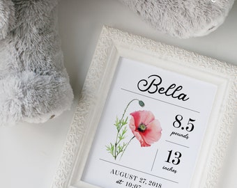 Custom Birth Stat Birth Flower Print, Personalized Birth Flower Wall Art, Personal Birthdate Gift, Baby Nursery Decor, Baby Name Gift