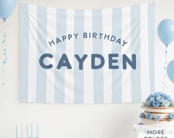 Personalized Happy Birthday Banner Backdrop Custom Kids Name Birthday Banner, Cabana Stripes Happy Birthday Fabric Banner