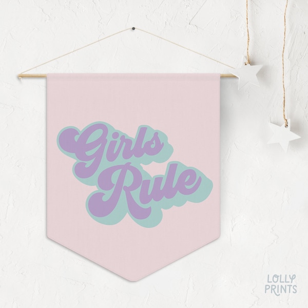 Girls Rule Girl Room Decor Pennant Banner, Retro Girl Room Flag Wall Art, Girly Nursery Playroom Decoration, Kids Artful Wall Decor