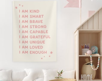 Daily Affirmations for Kids, I Am Affirmations Wall Decor, Nursery Banner Wall Art, Kids Room Banner Tapestry, Pink Girls Bedroom Decoration