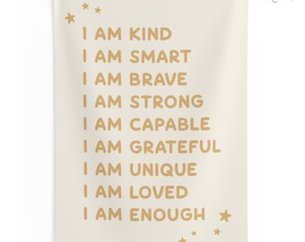 Words of Affirmation Kids Room Banner, Motivational Wall Decor, Positive Affirmations Nursery Tapestry, Above Bed Decor Wall Hanging - Sand