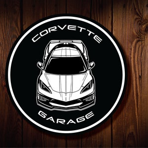 Corvette classique, enseigne C8 Corvette, propriétaires de Corvette, supercars, corvette américaine, enseigne ronde en métal décorative de garage