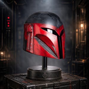 Peut inclure: Un casque Mandalorien rouge et noir, expos&eacute; sur un support noir au-dessus d'une bo&icirc;te en m&eacute;tal textur&eacute;. Le casque a une visi&egrave;re distinctive et est un &eacute;l&eacute;ment important des souvenirs de science-fiction. L'arri&egrave;re-plan est un cadre industriel faiblement &eacute;clair&eacute;.