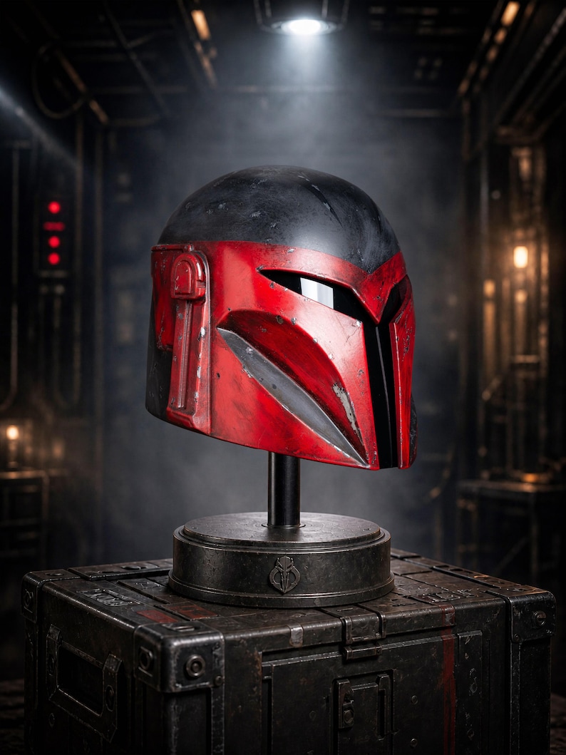Peut inclure: Un casque Mandalorien rouge et noir, expos&eacute; sur un support noir au-dessus d'une bo&icirc;te en m&eacute;tal textur&eacute;. Le casque a une visi&egrave;re distinctive et est un &eacute;l&eacute;ment important des souvenirs de science-fiction. L'arri&egrave;re-plan est un cadre industriel faiblement &eacute;clair&eacute;.