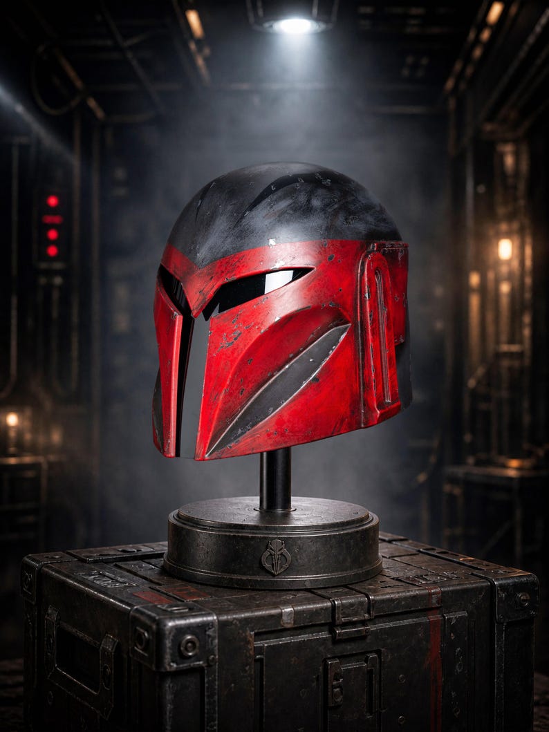 Peut inclure: Casque rouge et noir au design distinctif, expos&eacute; sur un support noir au-dessus d'une bo&icirc;te m&eacute;tallique. Le casque pr&eacute;sente une visi&egrave;re et des lignes angulaires, avec un aspect vieilli. L'esth&eacute;tique g&eacute;n&eacute;rale sugg&egrave;re un th&egrave;me futuriste ou de science-fiction.