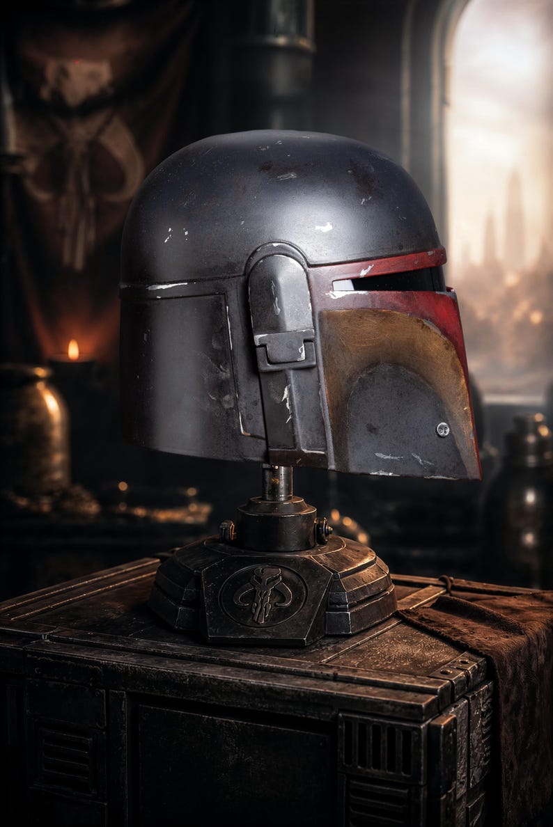 Peut inclure: Casque Mandalorien gris fonc&eacute; vieilli avec des accents rouges et jaunes, pr&eacute;sent&eacute; sur un socle d&eacute;taill&eacute;. Le casque pr&eacute;sente une visi&egrave;re en forme de T distinctive et est un objet de collection de l'univers Star Wars.