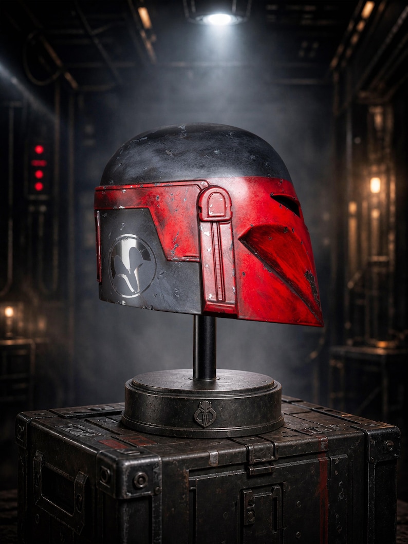 Peut inclure: Un casque Mandalorien, principalement noir et rouge, est pr&eacute;sent&eacute; sur un socle au-dessus d'une bo&icirc;te en m&eacute;tal textur&eacute;. Le casque pr&eacute;sente un aspect vieilli avec une visi&egrave;re et des d&eacute;tails lat&eacute;raux distinctifs. L'arri&egrave;re-plan est un cadre industriel faiblement &eacute;clair&eacute;.