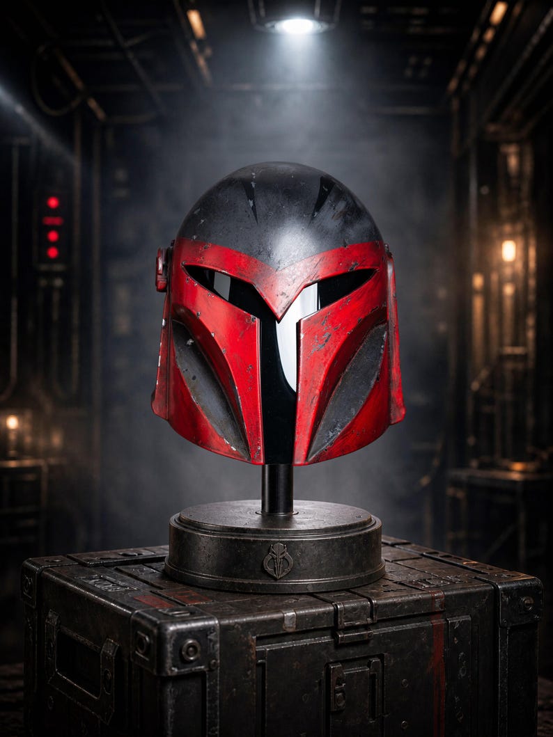 Peut inclure: Un casque Mandalorien rouge et noir, expos&eacute; sur un support au-dessus d'une bo&icirc;te en m&eacute;tal. Le casque pr&eacute;sente une visi&egrave;re distinctive en forme de T et se d&eacute;tache sur un fond sombre et industriel. Le design du casque est d&eacute;taill&eacute; et vieilli.