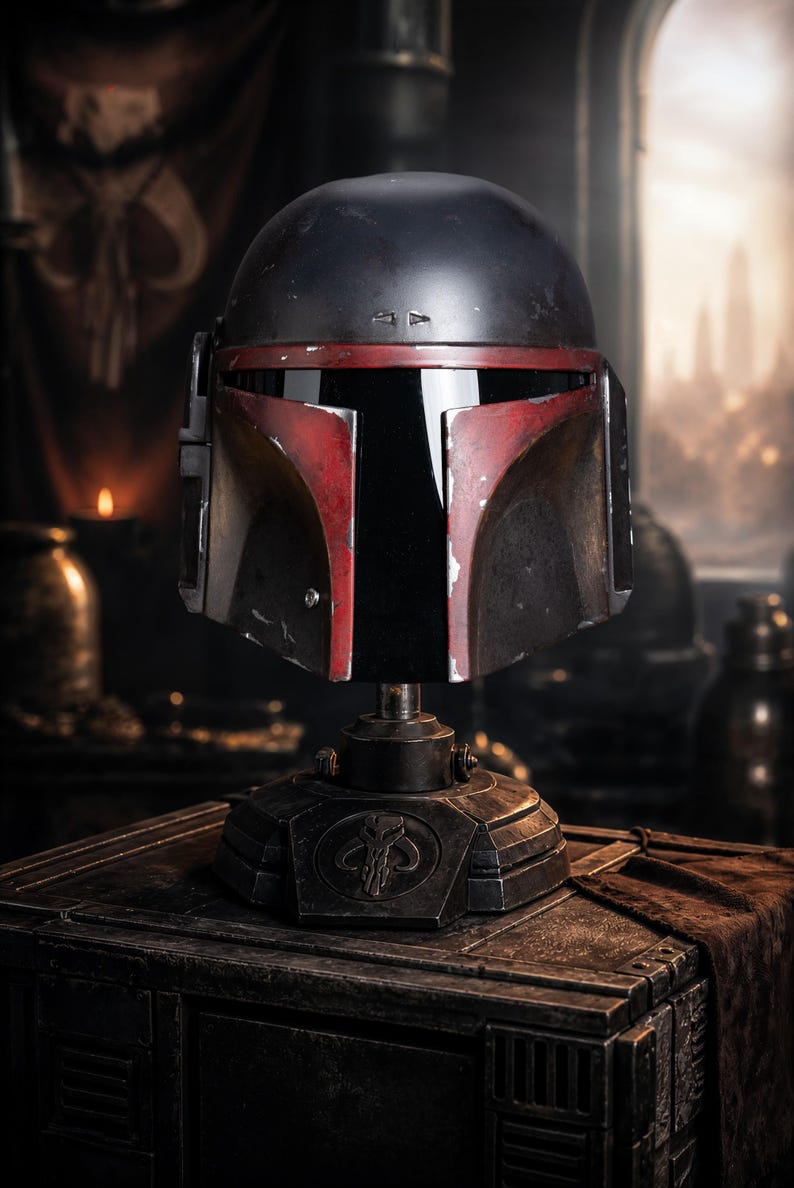 Peut inclure: Casque de r&eacute;plique d&eacute;taill&eacute;, avec un d&ocirc;me noir, des accents rouges et une visi&egrave;re en forme de T. Mont&eacute; sur un support m&eacute;tallique avec un symbole. L'ensemble sugg&egrave;re un th&egrave;me de science-fiction ou de fantaisie.