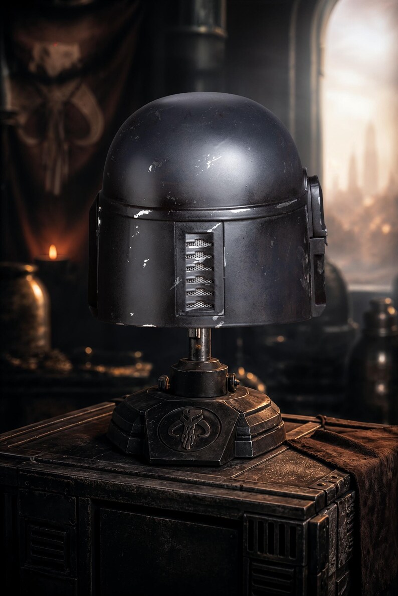 Peut inclure: R&eacute;plique de casque Mandalorien noir, pr&eacute;sent&eacute;e sur un socle. Le casque pr&eacute;sente un aspect vieilli avec des signes d'usure. Le socle porte un symbole et est pos&eacute; sur une surface sombre et textur&eacute;e, sugg&eacute;rant un objet de collection.