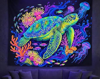 May include: A black tapestry featuring a vibrant, neon-colored underwater scene. A large sea turtle swims among coral, fish, and jellyfish. The artwork uses bright blues, greens, yellows, and pinks, creating a glowing effect.