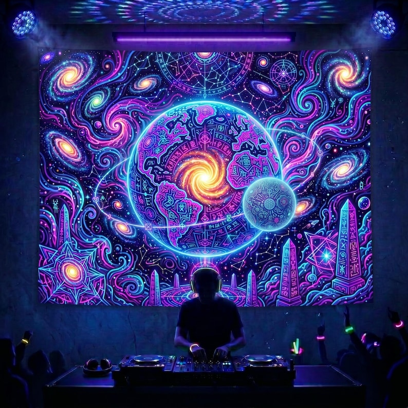 May include: A vibrant tapestry featuring a cosmic design with a central planet, swirling galaxies, and intricate patterns in shades of blue, purple, and orange. A DJ is at the console, with a crowd in the foreground.