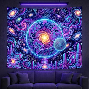May include: A vibrant tapestry featuring a cosmic design with swirling galaxies, planets, and intricate geometric patterns in shades of blue, purple, and orange. The artwork depicts a central planet with a glowing core, surrounded by celestial elements.