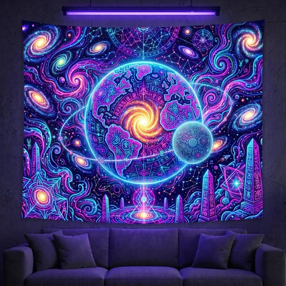 Large UV Reactive Cosmic Earth Tapestry - Blacklight Space Art for Bedroom Decor - Celestial Sacred Geometry Wall Hanging