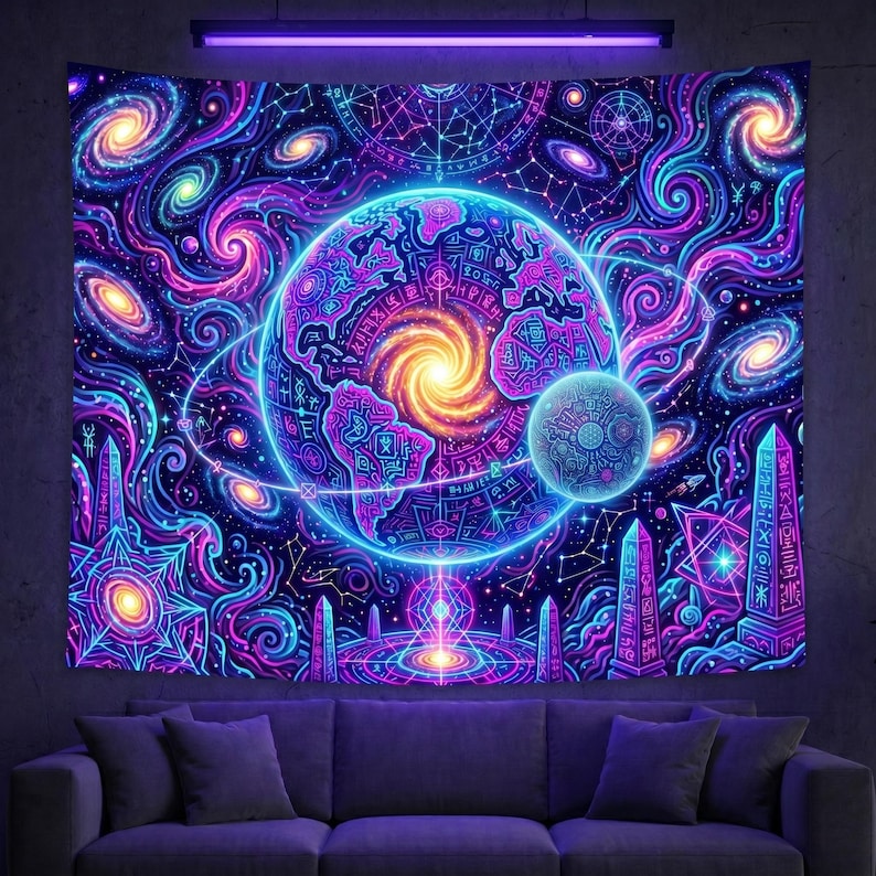 May include: A vibrant tapestry featuring a cosmic design with swirling galaxies, planets, and intricate geometric patterns in shades of blue, purple, and orange. The artwork depicts a central planet with a glowing core, surrounded by celestial elements.