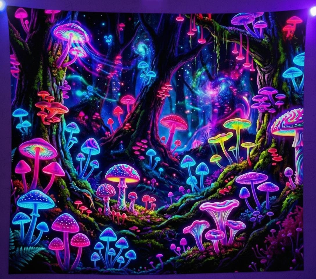 UV Reactive Mushroom Tapestry - Psychedelic Blacklight Forest Wall Art ...