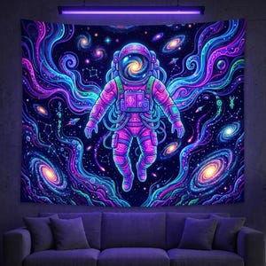 May include: A vibrant tapestry featuring an astronaut floating in a psychedelic space scene. The astronaut is clad in a pink and purple spacesuit, surrounded by swirling galaxies in shades of blue, purple, and yellow. The artwork is illuminated by a purple light.