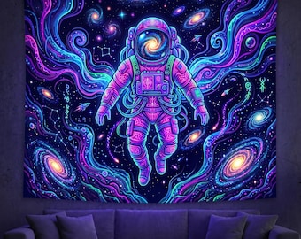 Large Astronaut Blacklight Tapestry for Psychedelic Room Decor - UV Reactive Galaxy Space Wall Hanging - Neon Aesthetic Gift