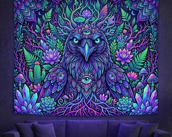 Three-Eyed Crow Blacklight Tapestry – UV Reactive Psychedelic Raven Art Wall Hanging