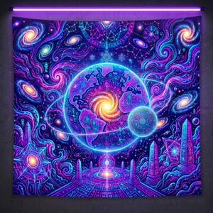 May include: A vibrant tapestry featuring a cosmic design with swirling galaxies in shades of blue, purple, and pink. The central focus is a detailed depiction of Earth surrounded by planets and celestial elements. The artwork includes geometric patterns and glowing accents.