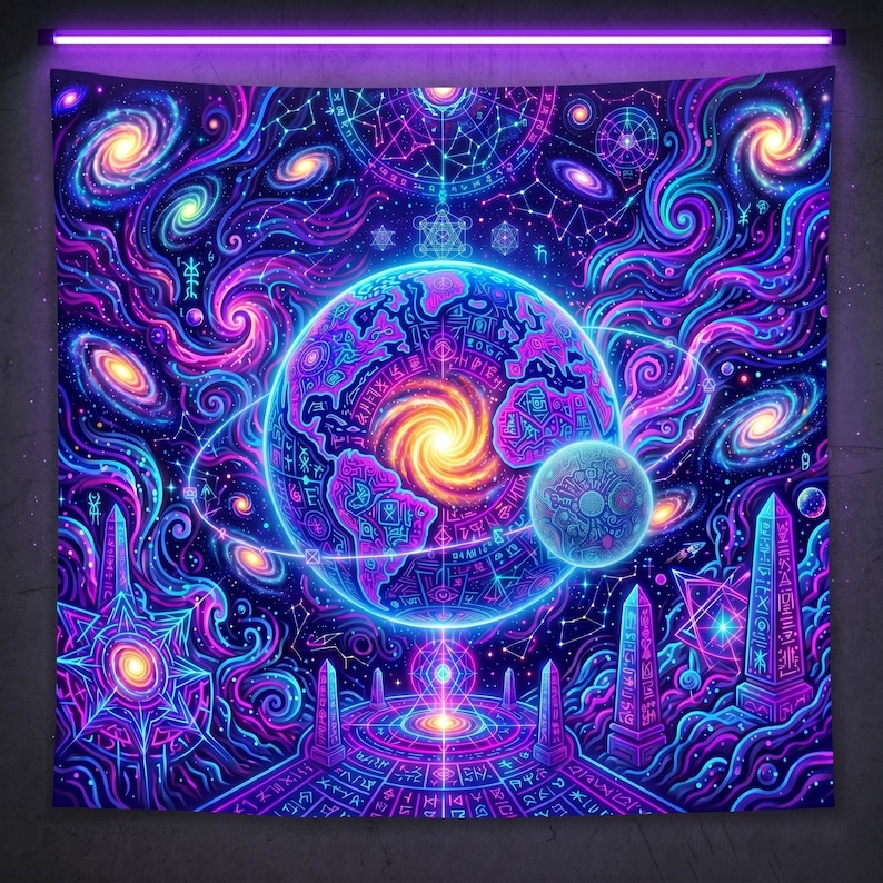 May include: A vibrant tapestry featuring a cosmic design with swirling galaxies in shades of blue, purple, and pink. The central focus is a detailed depiction of Earth surrounded by planets and celestial elements. The artwork includes geometric patterns and glowing accents.