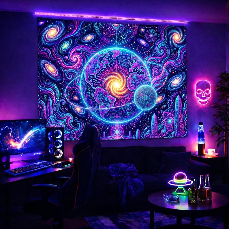May include: A vibrant tapestry with a cosmic design featuring swirling galaxies, planets, and neon-colored celestial elements. The artwork is illuminated with purple and blue hues, creating a psychedelic atmosphere. A neon skull and a computer setup are also visible.