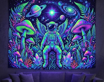 UV Reactive Astronaut Tapestry with Wings Galaxy Wall Hanging Psychedelic Space Art Glow in the Dark Trippy Room