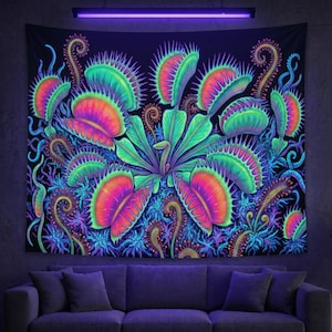 May include: A black tapestry featuring a vibrant, neon-colored illustration of Venus flytraps. The artwork showcases the plants in shades of green, pink, orange, and blue, creating a striking visual effect. The tapestry is designed to glow under a black light.