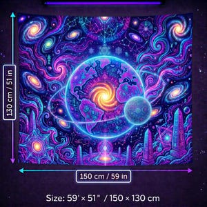 May include: A tapestry with a vibrant cosmic design, featuring a central planet with swirling energy, surrounded by galaxies and celestial elements. The tapestry measures 59 x 51 inches.