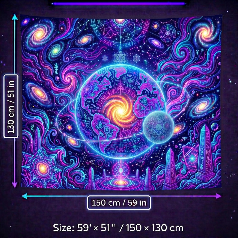 May include: A tapestry with a vibrant cosmic design, featuring a central planet with swirling energy, surrounded by galaxies and celestial elements. The tapestry measures 59 x 51 inches.