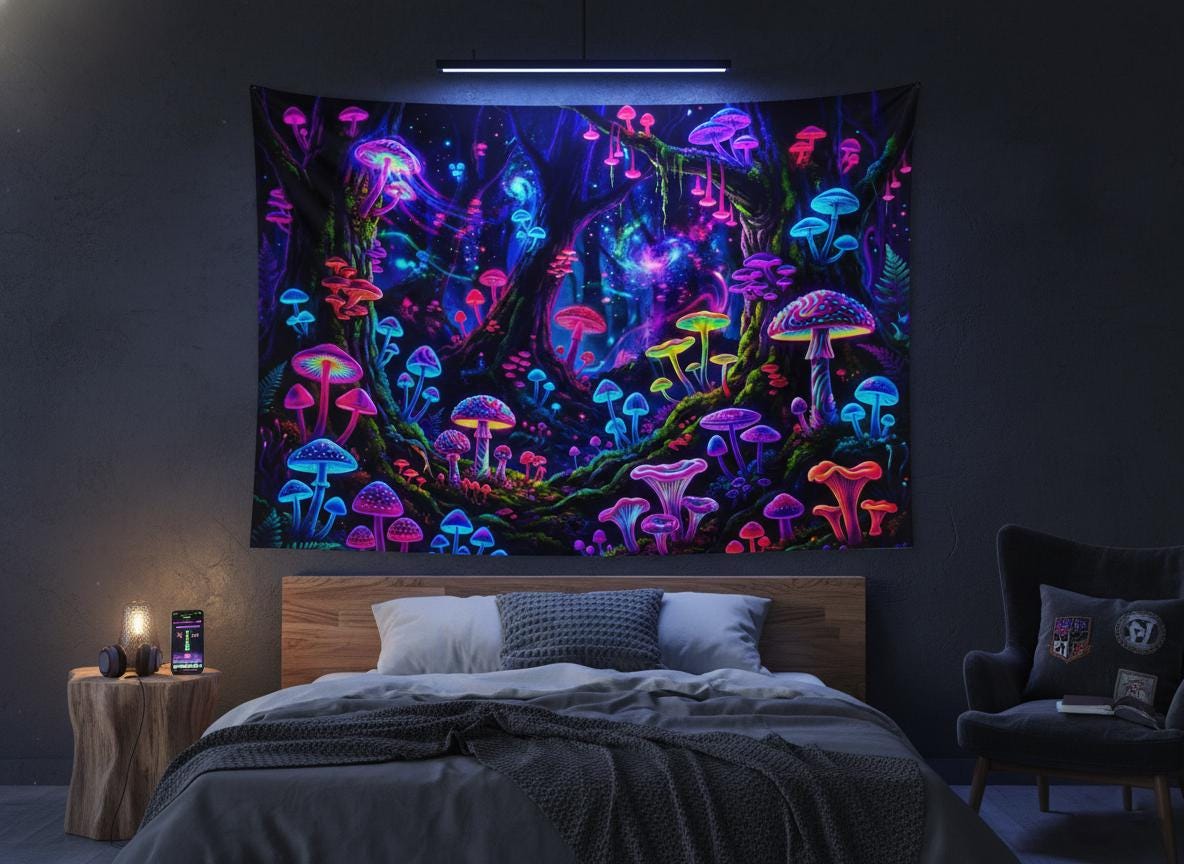 UV Reactive Mushroom Tapestry - Psychedelic Blacklight Forest Wall Art ...