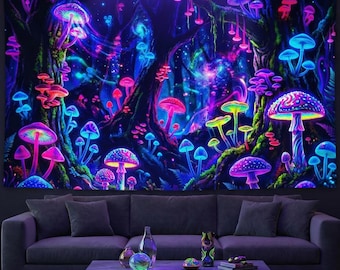 UV Reactive Mushroom Tapestry - Psychedelic Blacklight Forest Wall Art