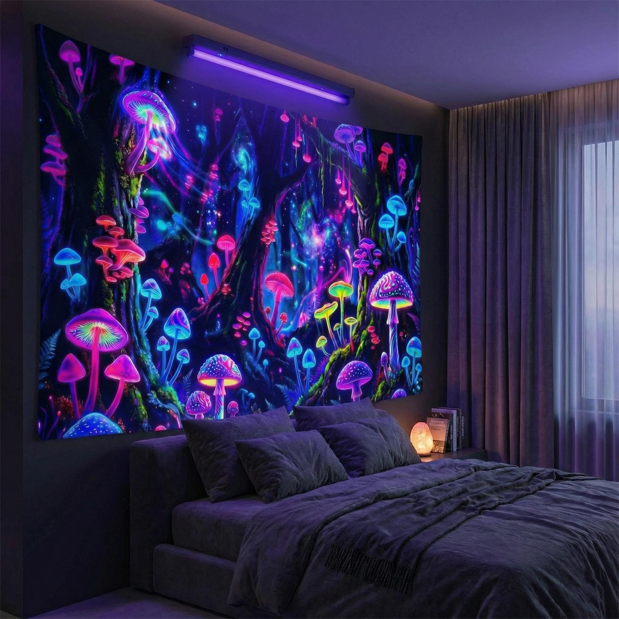 UV Reactive Mushroom Tapestry - Psychedelic Blacklight Forest Wall Art ...