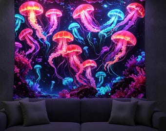 UV-reaktiver Quallen-Wandteppich, psychedelischer Neonozean-Kunst