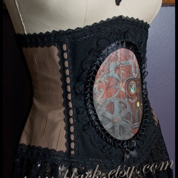 SALE Ready to ship size XL 33 Inch Steampunk Gears Cameo Corset by Louise Black