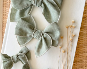 fable bow - sage green linen fable bow - spring bow - neutral bow - summer - girl bow - baby bow