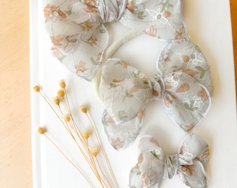 fable bow - sheer floral eyelet bow - spring bow - neutral bow - summer - girl bow - baby bow